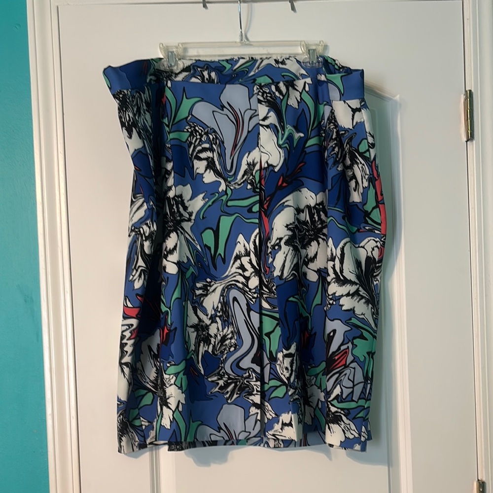 Eloquii Floral Cobalt and Emerald A-line Flattering Pleated Professional Skirt